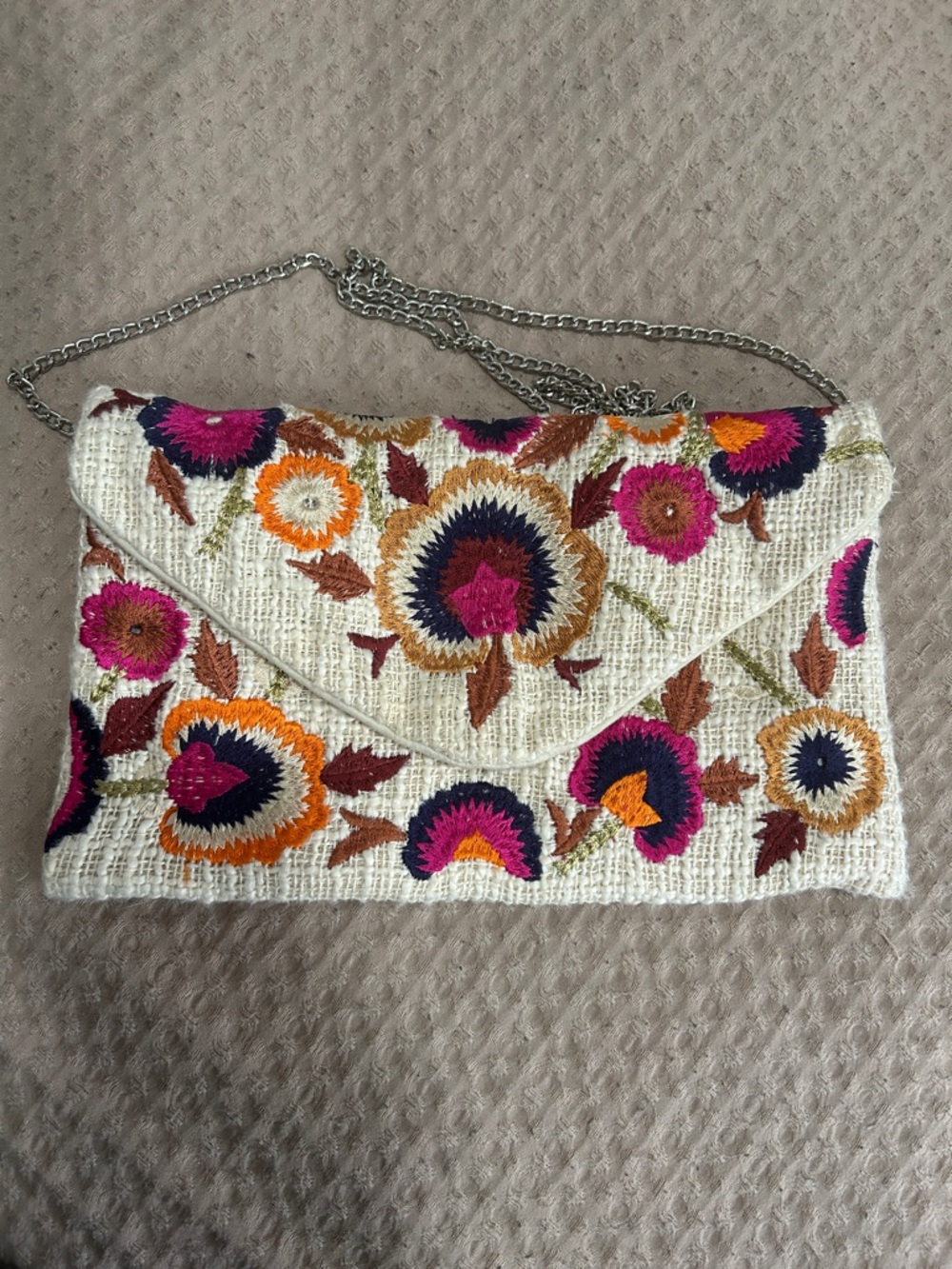 Embroidered Floral Envelope Crossbody Bag in Cream and Pink